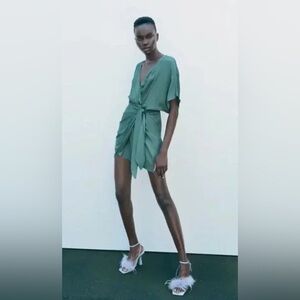 ZARA Women's Small Sea Green Satin Effect Faux Wrap Party Cocktail Mini Dress